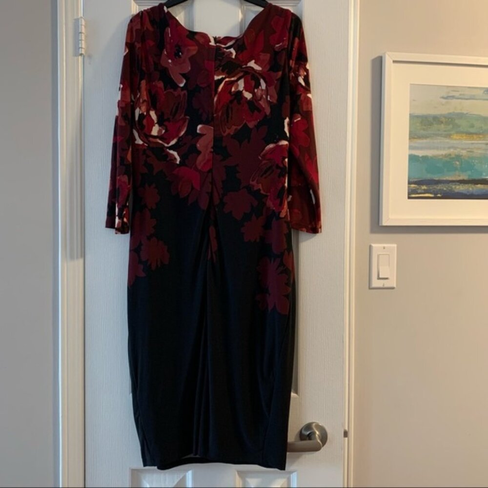 Le Chateau Gathered Red Floral Stretch Dress L - Picture 4 of 8